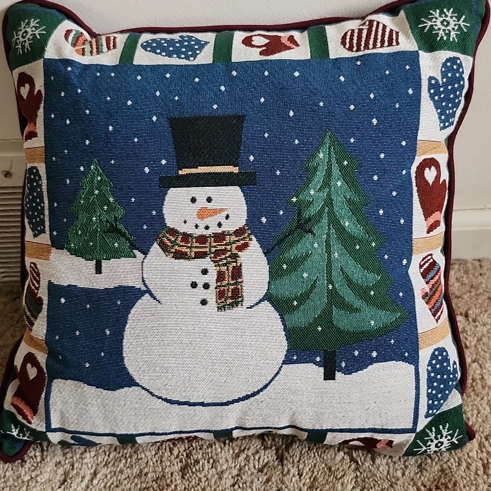 Vintage Tapestry Festive Christmas Snowman Throw Pillow - Blue and Green
